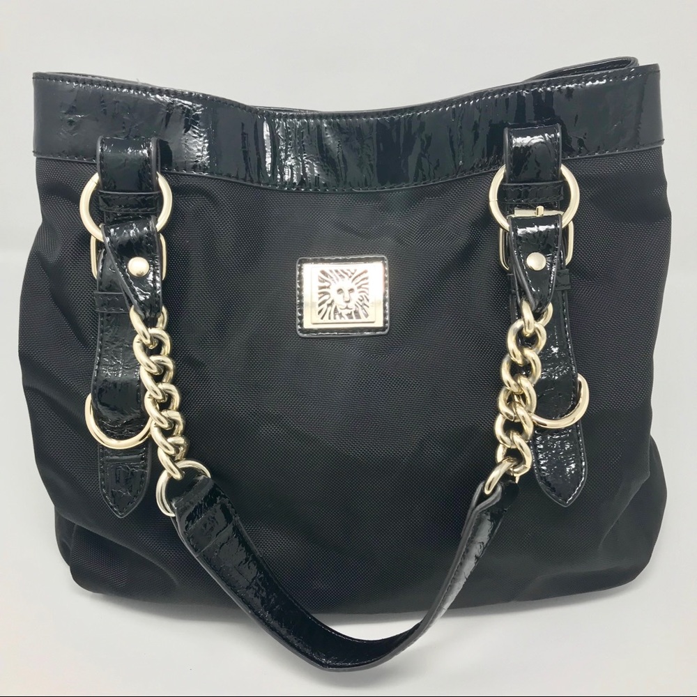 Anne Klein Black Canvas Patent Leather Tote Bag.